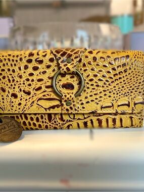 Myra Bag Mustard Croc-Embossed Upcycled Leather Wristlet w/ RFID-blocking tech.